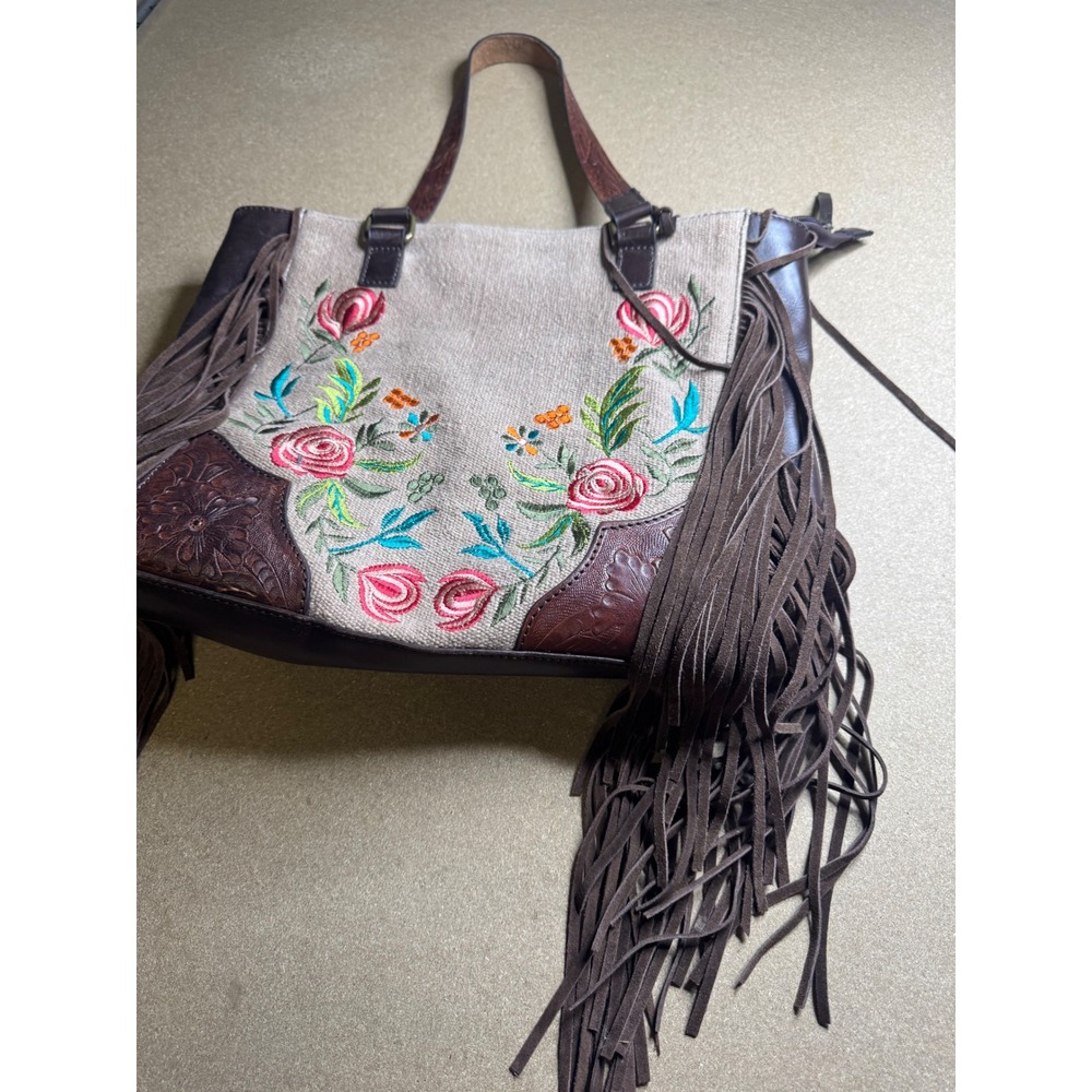 Ariat Floral Embroidered Leather Fringe Tote Bag Brown Canvas Western Handbag